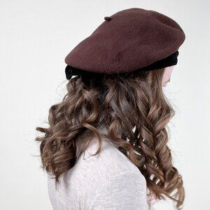 Vintage Beret Cap Hat Winter Velvet Wool Bow French European Preppy 70s 80s Euro